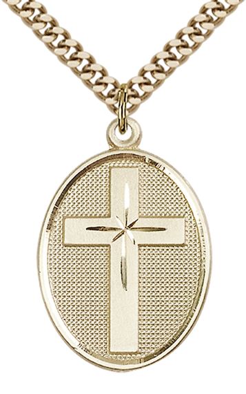 14KT GOLD FILLED CROSS PENDANT ON A CHAIN - 1 1/8" x 3/4"